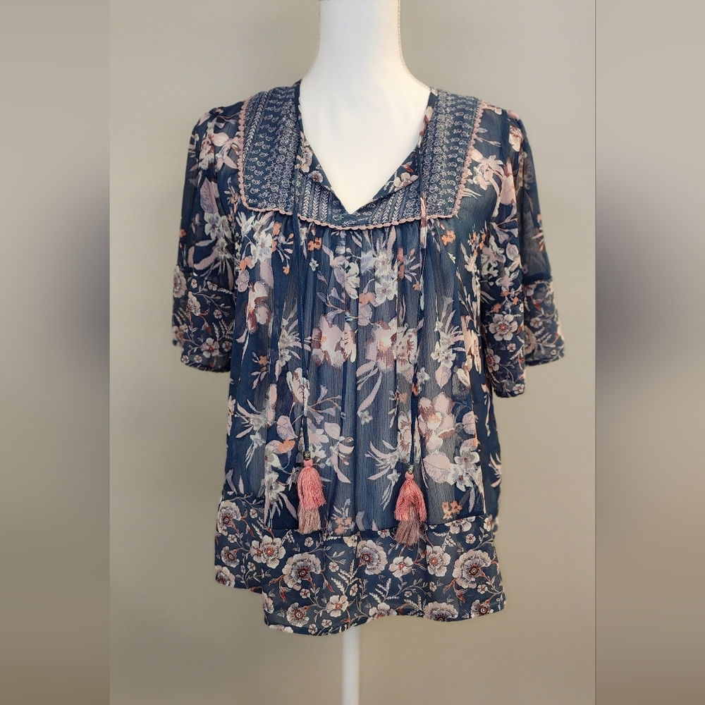 Knox Rose Navy Floral Blouse with Pink Accents